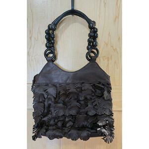 Fringe Leather Tote Bag With Beaded Handles Brown & Black Accents GAL Y2K
